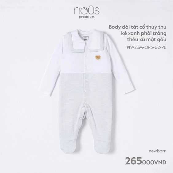 Body Nous dài tất cổ thủy thủ kẻ xanh phối trắng thêu xù mặt gấu thu đông Newborn