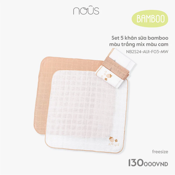 Set 05 Chiếc Khăn Sữa Nous - Chất Liệu Nu Bamboo, trắng mix màu cam