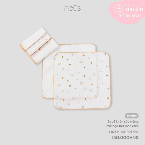 Set 5 khăn sữa Nous muslin trắng mix hoạ tiết mèo cam