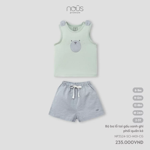 Bộ ba lỗ tai gấu xanh ghi phối quần kẻ 6M-2Y