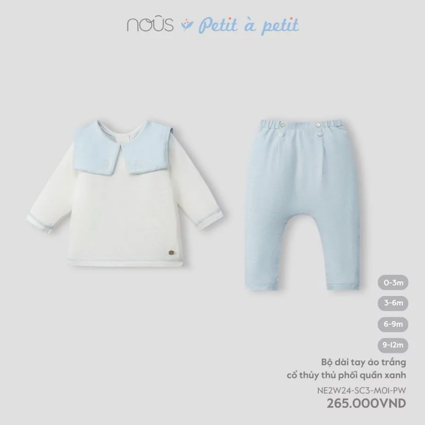 Bộ dài tay áo trắng cổ thuỷ thủ phối quần xanh 0M-9M