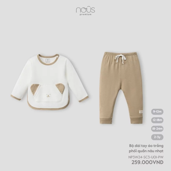 Nous bộ dài tay áo trắng phối quần nâu nhạt 9M-2Y