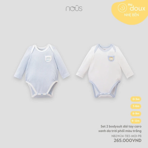 Set 2 bodysuit dài tay caro xanh da trời phối màu trắng 0M-9M