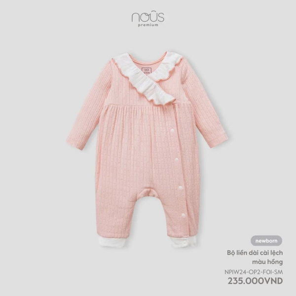 Bộ liền dài cài lệch màu hồng NB