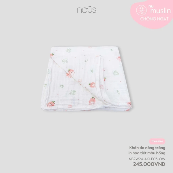 NOUS KHĂN TẮM XÔ NHĂN 6 LỚP MUSLIN MỀM MỊN, Trắng hoạ tiết màu hồng