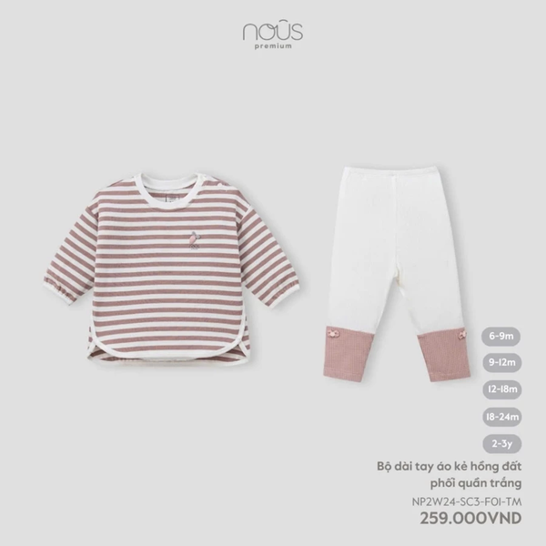 Bộ dài tay áo kẻ hồng đất phối quần trắng 6M-2Y