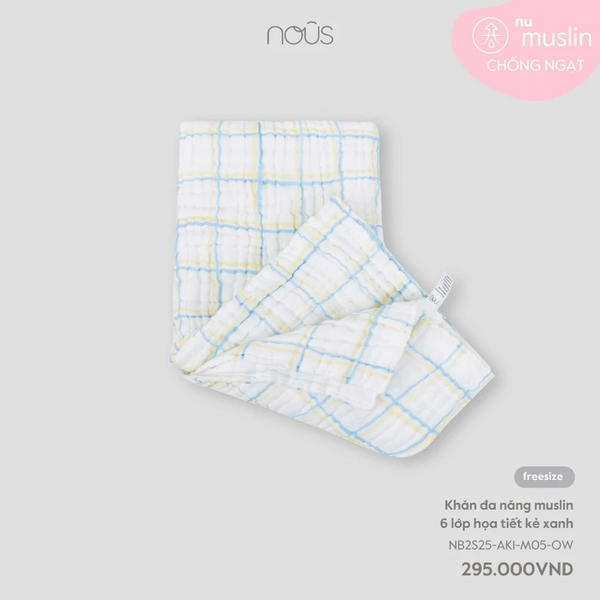 NOUS KHĂN TẮM XÔ NHĂN 6 LỚP MUSLIN MỀM MỊN, Hoạ tiết kẻ xanh