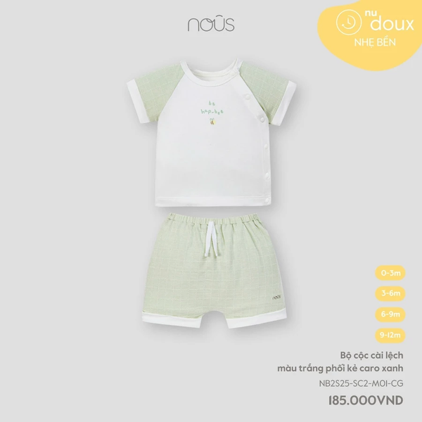 Bộ cộc cài lệch màu trắng phối kẻ caro xanh 0M-9M