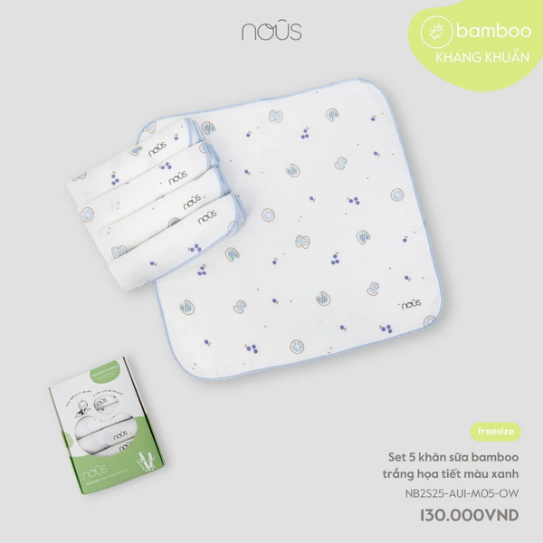 Set 05 Chiếc Khăn Sữa Nous - Chất Liệu Nu Bamboo trắng hoạ tiết màu xanh