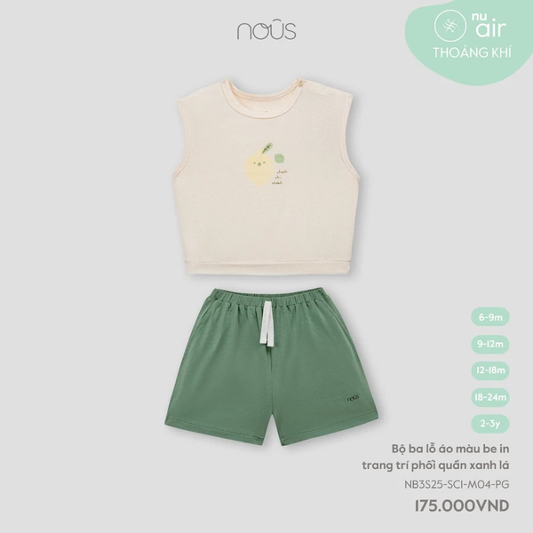 Bộ ba lỗ áo màu be in trang trí phối quần xanh lá 6M-2Y
