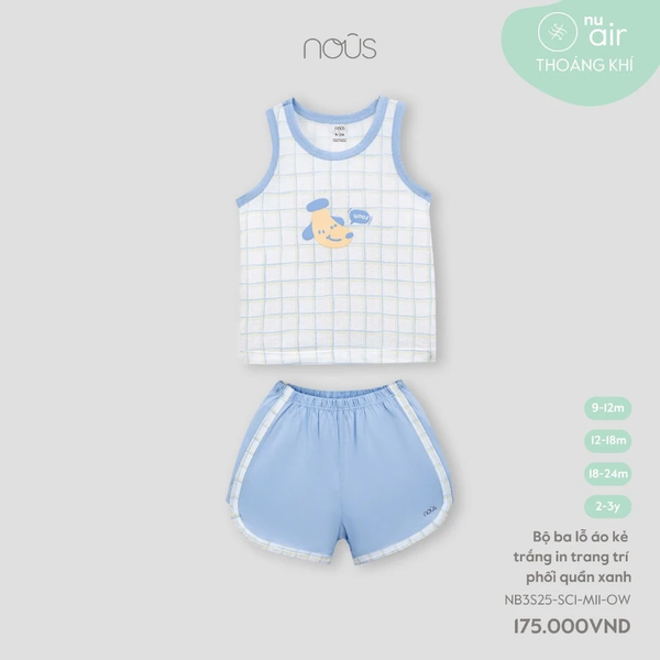 Bộ ba lỗ áo kẻ trắng in trang trí quần xanh 9M-2Y