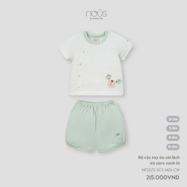 Bộ cộc tay áo cài lệch kẻ caro xanh lá 0M-9M