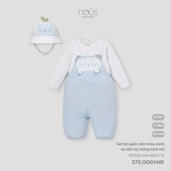 Set bộ quần yếm màu xanh áo dài tay trắng kèm mũ 9M-18M