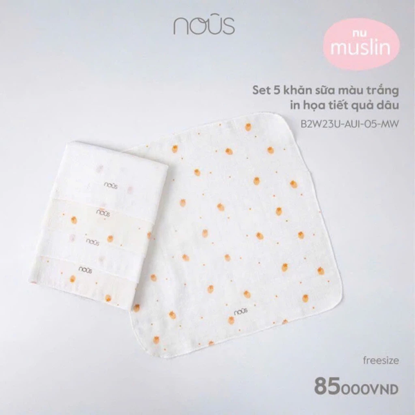 Set 5 khăn sữa Nous muslin màu trắng in hoạ tiết quả dâu