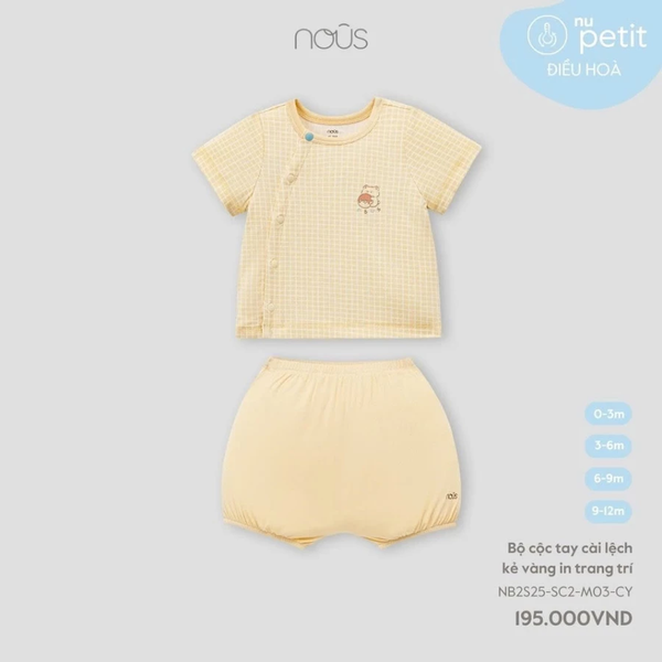 Bộ cộc tay cài lệch kẻ vàng in trang trí 0M-9M