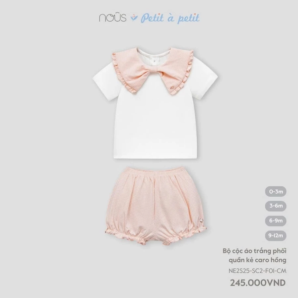 Bộ cộc áo trắng phối quần kẻ caro hồng 0M-9M