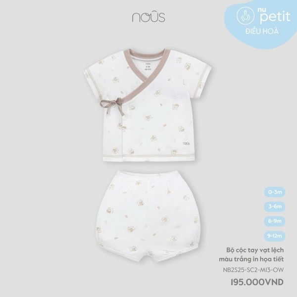 Bộ cộc tay vạt lệch màu trắng in hoạ tiết 0M-9M