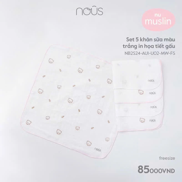 Set 5 khăn sữa Nous muslin trắng in hoạ tiết gấu