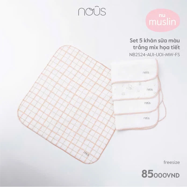 Set 5 khăn sữa Nous muslin trắng mix hoạ tiết