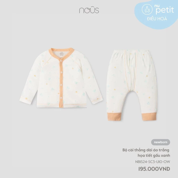 Bộ cài thẳng dài áo trắng Hoạ tiết gấu xanh NB