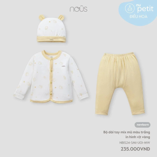 Bộ dài tay mix mũ màu trắng in hình vịt vàng NB