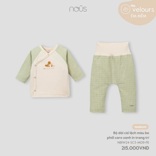 Bộ dài cài lệnh màu be phối caro xanh in tt NB