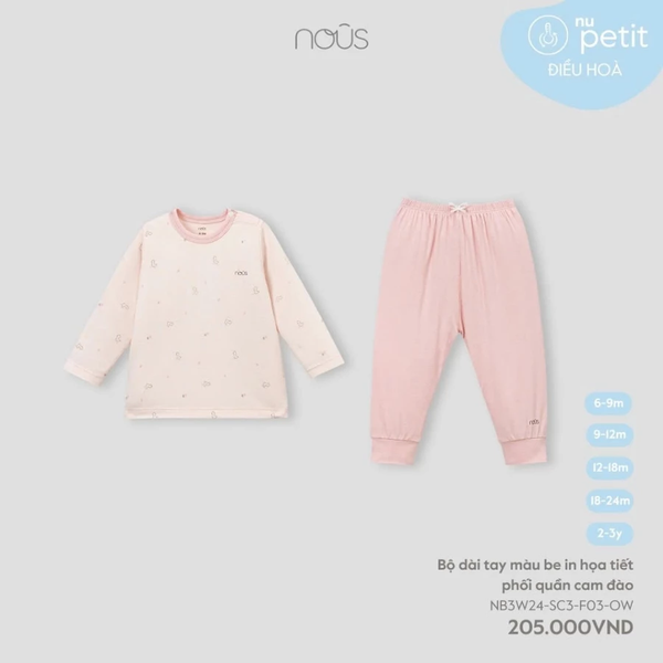 Bộ dài tay màu be in hoạ tiết phối quần cam đào 6M-2Y