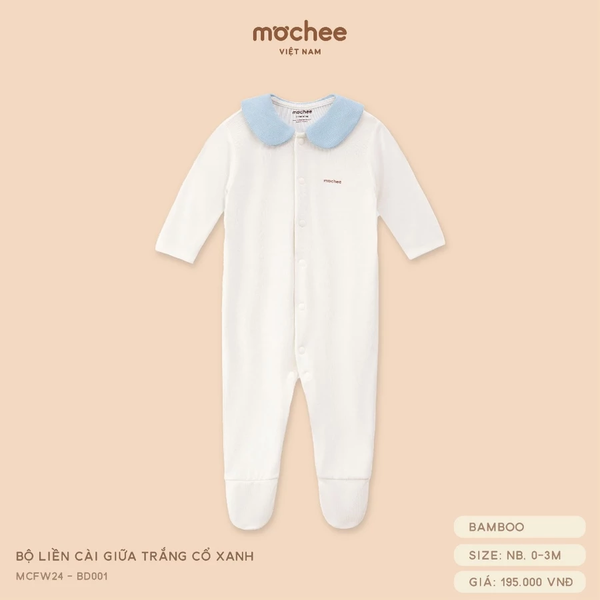 Bộ liền dài cài giữa trắng cổ xanh Mochee NB, 0M