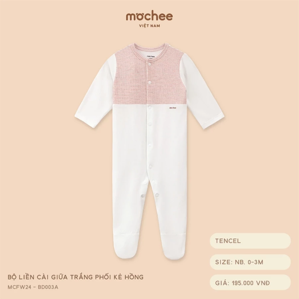 Bộ liền cài giữa trắng phối kẻ hồng NB,0M