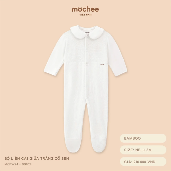 Bộ liền dài cài giữa trắng cổ sen NB, 0M