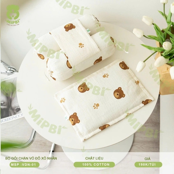 Bộ Gối Chặn Vỏ Đỗ Xô Nhăn Mipbi (Gấu nâu)