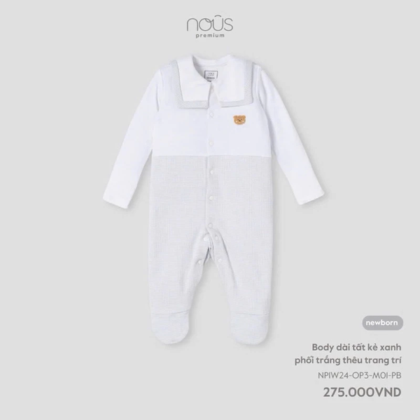 Body dài tất kẻ xanh phối trắng thêu trang trí NB