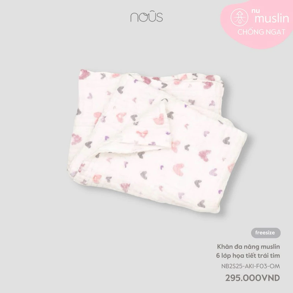 NOUS KHĂN TẮM XÔ NHĂN 6 LỚP MUSLIN MỀM MỊN, Hoạ tiết trái tim