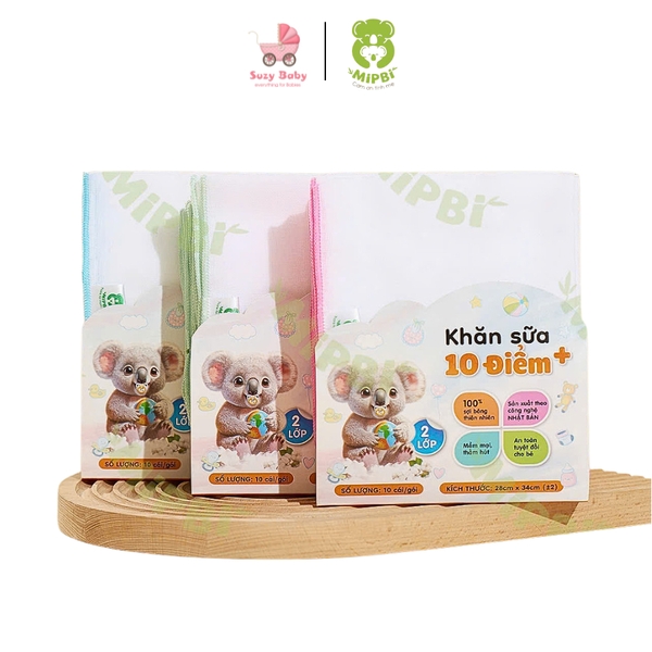 Khăn Sữa 10 điểm+ MIPBI Set 10 Khăn Xô Trắng, Suzy baby