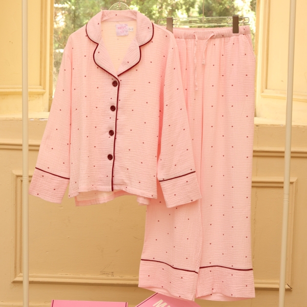 MB90 | Bộ Mặc Nhà Pijama Muslin Crepe 100% Cotton Tay Dài Quần Dài Thu Đông