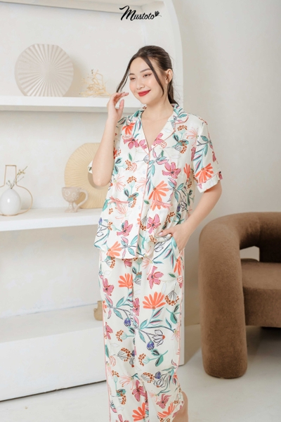 MB11 | Bộ Pijama Lụa Dài Hoa Mustoto