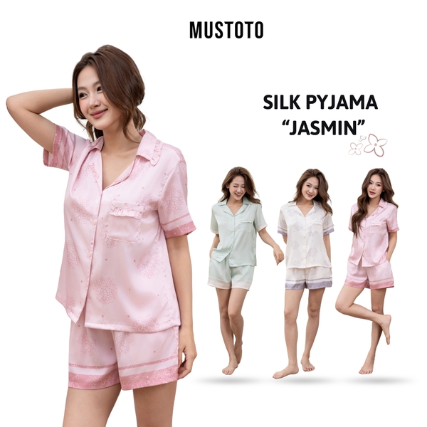 MB51 | Bộ Pyjama Lụa Ngắn Họa Tiết Hoa Lài Túi Phối Bèo Nữ Tính Mềm Mát