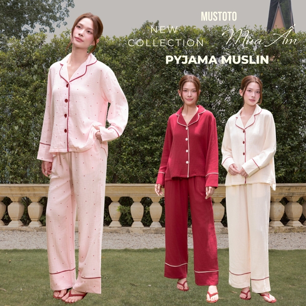 MB90 | Bộ Mặc Nhà Pijama Muslin Crepe 100% Cotton Tay Dài Quần Dài Thu Đông