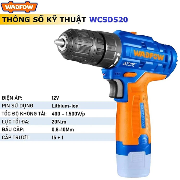 MÁY KHOAN DÙNG PIN 12V WCDS520 WADFOW (KÈM 1 PIN 1.5AH, KHÔNG KÈM DÂY & ĐẦU SẠC) - HÀNG CHÍNH HÃNG