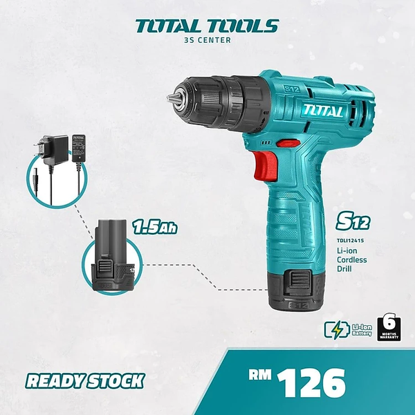 MÁY KHOAN PIN LITHIUM 12V (1 pin 1.5Ah và 1 sạc) TOTAL TDLI12415 - HÀNG CHÍNH HÃNG