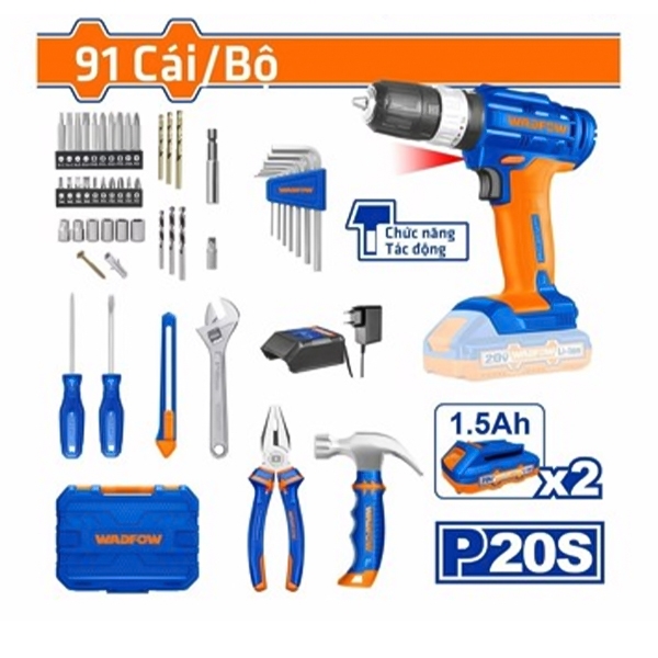 BỘ 91 MÓN DỤNG CỤ GỒM MÁY KHOAN BÚA DÙNG PIN 20V (WCDP522) WDT1B90 WADFOW (KÈM 2 PIN 1.5AH & SẠC) - HÀNG CHÍNH HÃNG