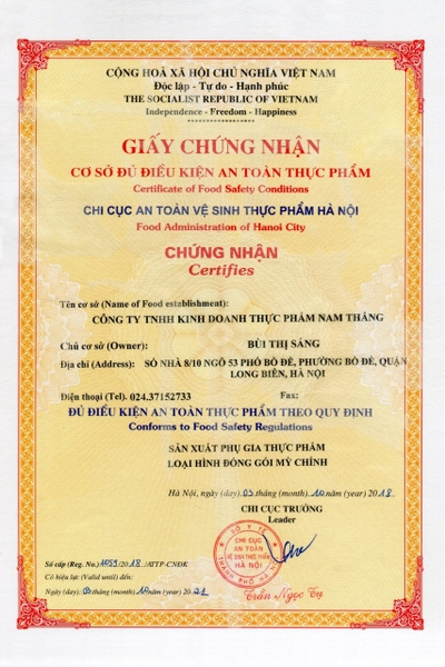 Giấy chứng nhận Cơ sở đủ điều kiện an toàn thực phẩm