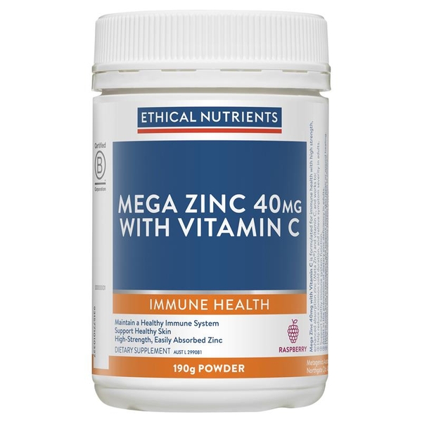 Bột bổ sung Kẽm Ethical Nutrients Mega Zinc 40mg with Vitamin C vị Raspberry 190g [Pre-order]