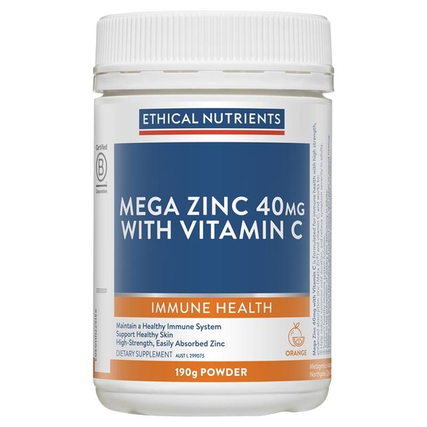 Bột uống bổ sung Kẽm Mega Zinc 40mg with Vitamin C vị Orange Ethical Nutrients 190g [Pre-order]