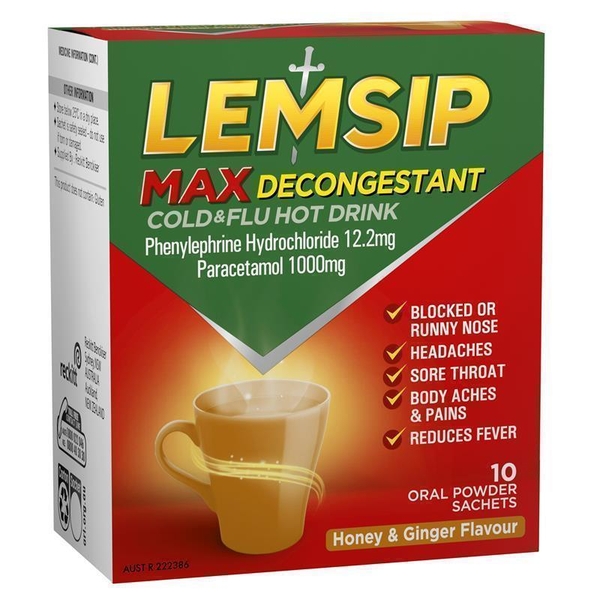 Bột pha uống nóng hỗ trợ giảm cảm cúm và thông mũi Lemsip Max with Decongestant Cold and Flu Hot Drink