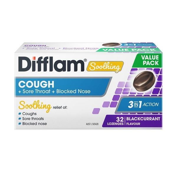Viên ngậm giảm ho, đau họng, nghẹt mũi Difflam Soothing Cough + Sore Throat + Blocked Nose Blackcurrant