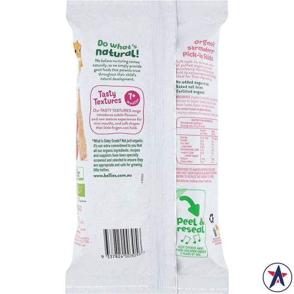 Bánh que ăn dặm cho bé Baby Bellies Organic Strawberry Pick-up Sticks 16g