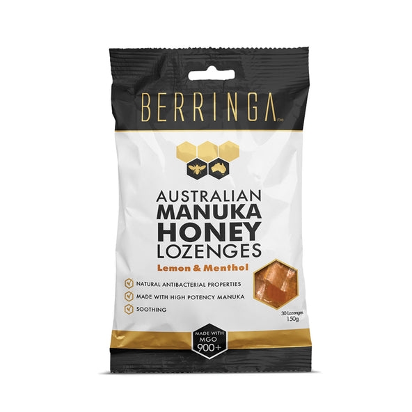 Viên ngậm mật ong Manuka Berringa Australian Manuka Honey Lozenges Lemon & Menthol (MGO 900+) 150g (30 viên) [Pre-order]