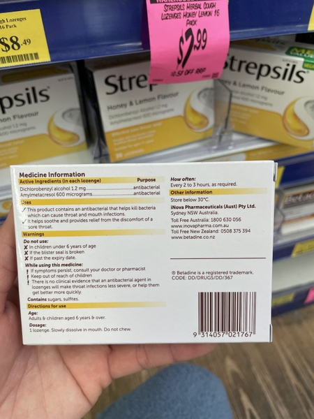 Viên ngậm trị viêm họng Betadine Sore Throat Lozenges Soothing Honey & Lemon
