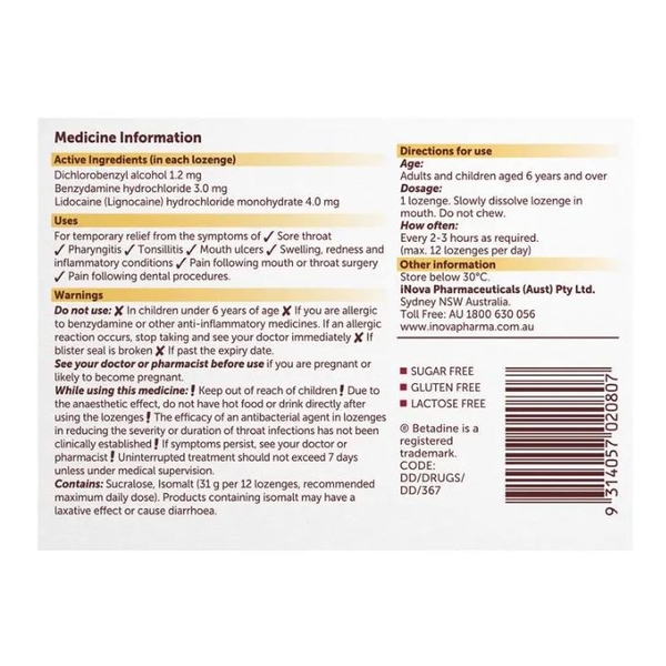 Viên ngậm trị đau họng Betadine Anaesthetic Lozenges Honey & Lemon Sore Throat